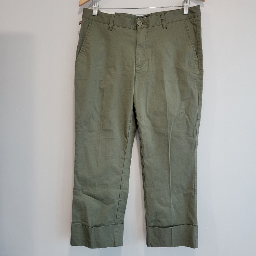 RALPH LAUREN JEANS Co Green Wide Cuff Crop Pants Stretch Cotton Casual Size 12